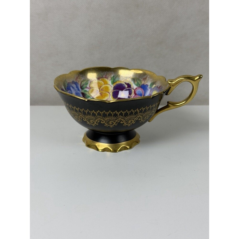 Vintage Royal Stafford Teacup Bone China Black Gold Gilt Pansy Pattern 1849